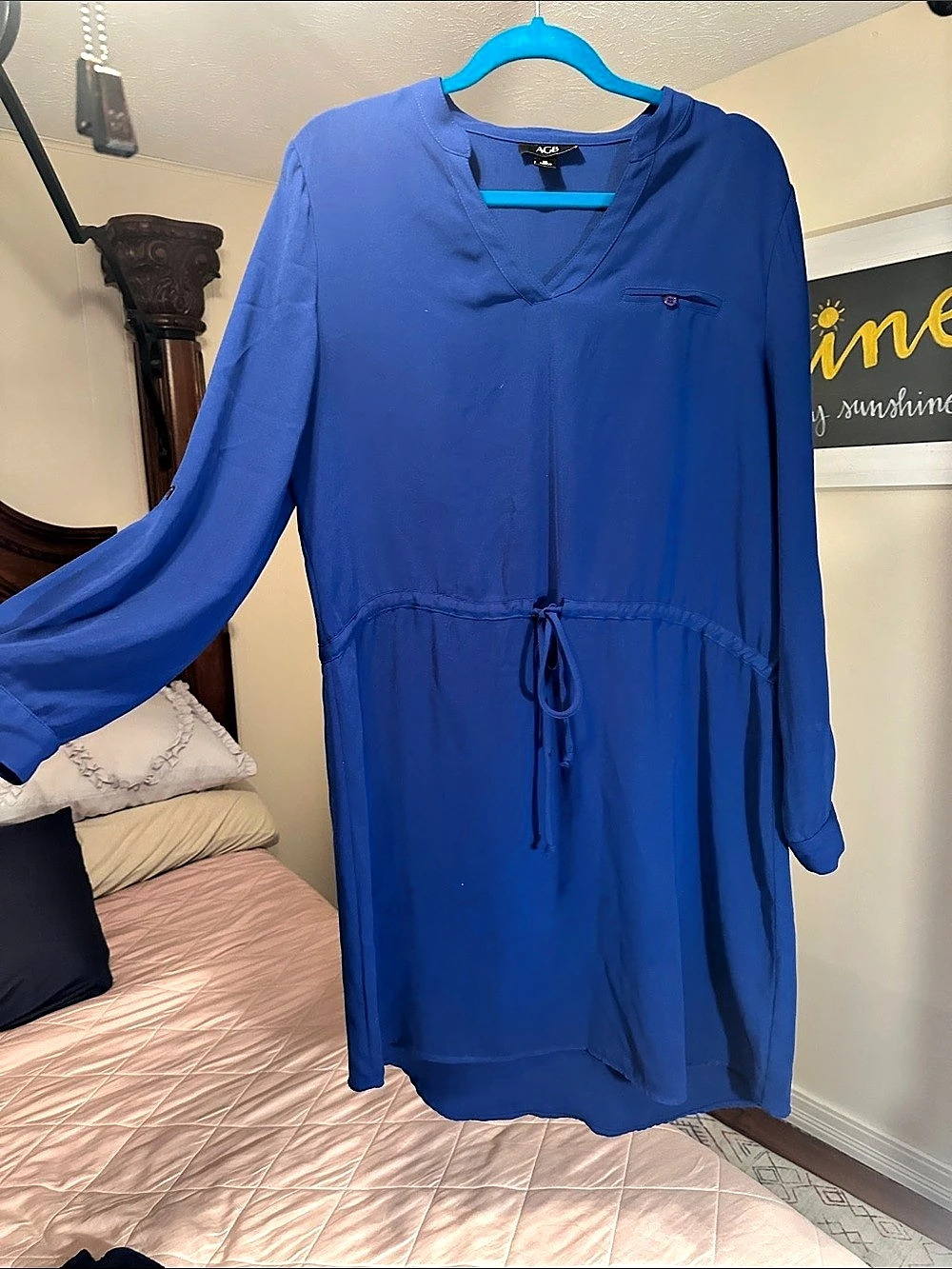 AGB Long Sleeve V-Neck Drawstring Waist Tunic Shirt Dress Blue XL